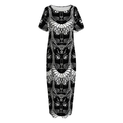 Black And White Gothic Wiccan Cat Print Short Sleeve Long Nightdress