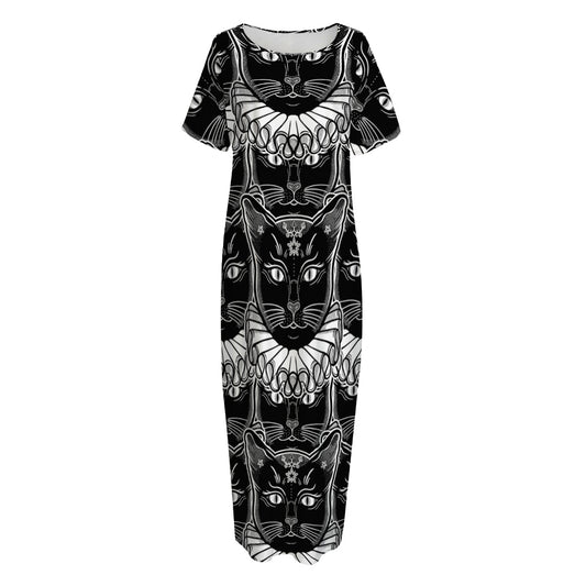 Black And White Gothic Wiccan Cat Print Short Sleeve Long Nightdress