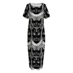 Black And White Gothic Wiccan Cat Print Short Sleeve Long Nightdress