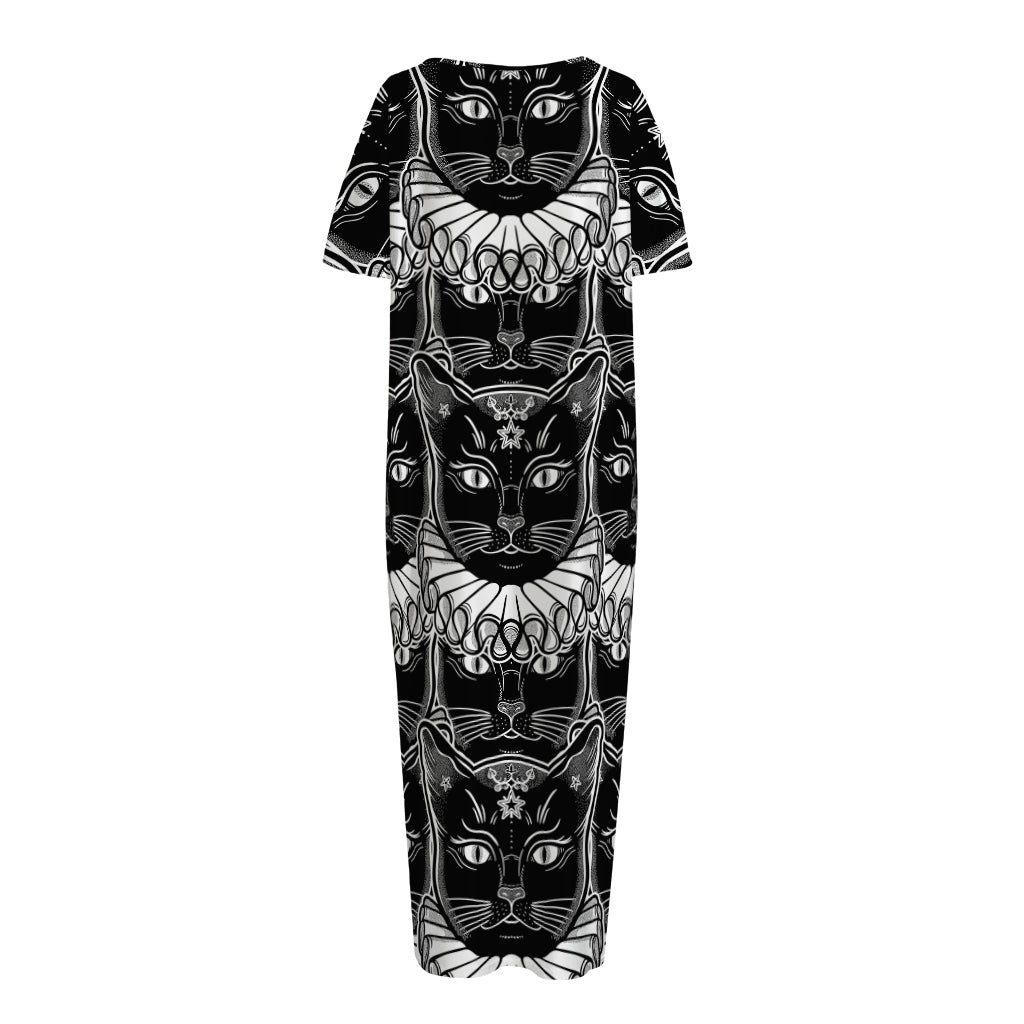 Black And White Gothic Wiccan Cat Print Short Sleeve Long Nightdress