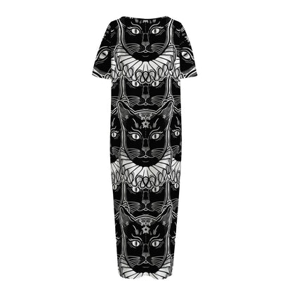Black And White Gothic Wiccan Cat Print Short Sleeve Long Nightdress