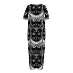 Black And White Gothic Wiccan Cat Print Short Sleeve Long Nightdress