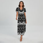 Black And White Gothic Wiccan Cat Print Short Sleeve Maxi Dress