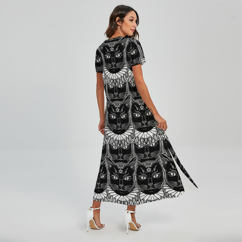 Black And White Gothic Wiccan Cat Print Short Sleeve Maxi Dress