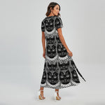 Black And White Gothic Wiccan Cat Print Short Sleeve Maxi Dress
