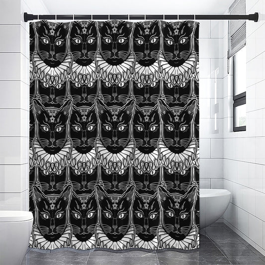 Black And White Gothic Wiccan Cat Print Shower Curtain