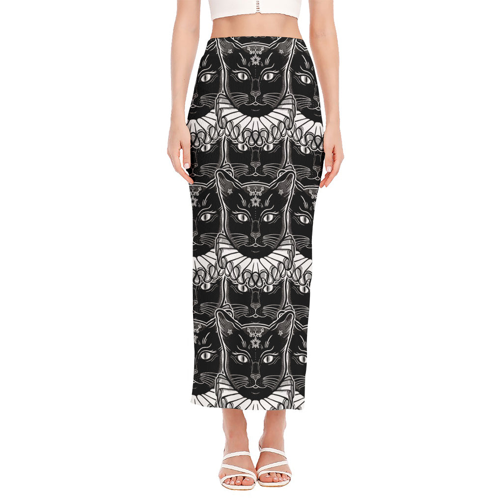 Black And White Gothic Wiccan Cat Print Side Slit Maxi Skirt