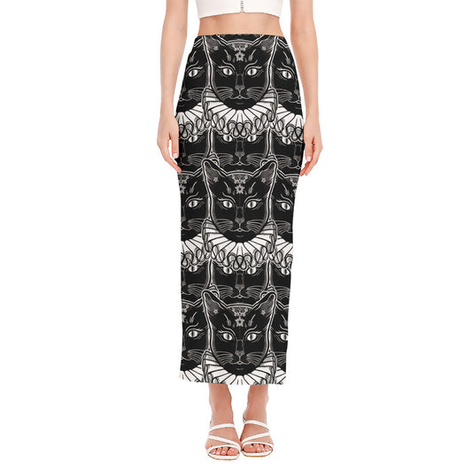 Black And White Gothic Wiccan Cat Print Side Slit Maxi Skirt