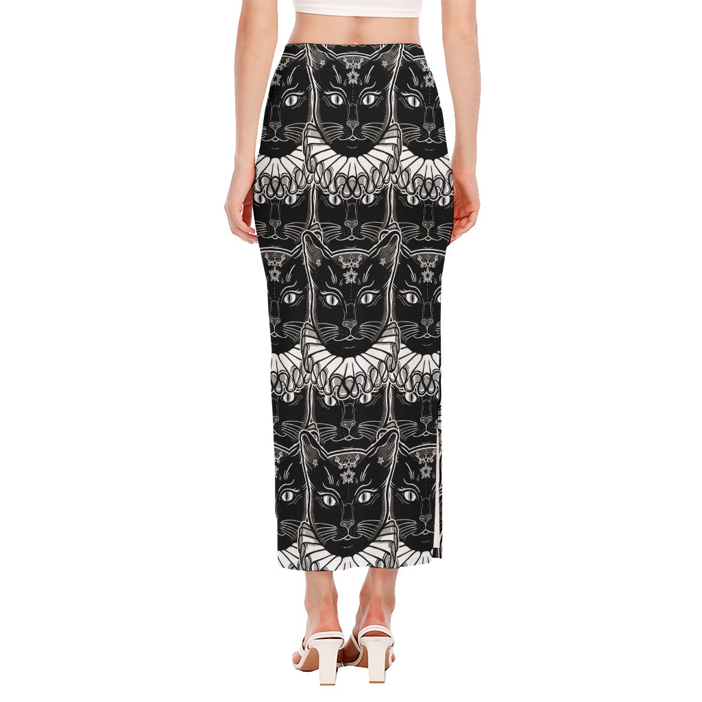 Black And White Gothic Wiccan Cat Print Side Slit Maxi Skirt