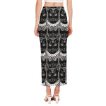 Black And White Gothic Wiccan Cat Print Side Slit Maxi Skirt
