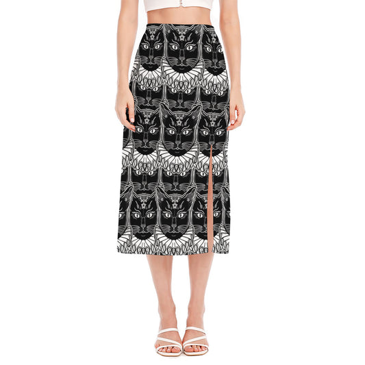 Black And White Gothic Wiccan Cat Print Side Slit Midi Skirt