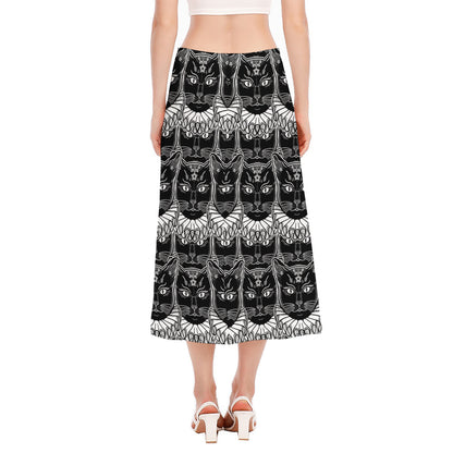 Black And White Gothic Wiccan Cat Print Side Slit Midi Skirt