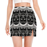 Black And White Gothic Wiccan Cat Print Side Slit Mini Skirt