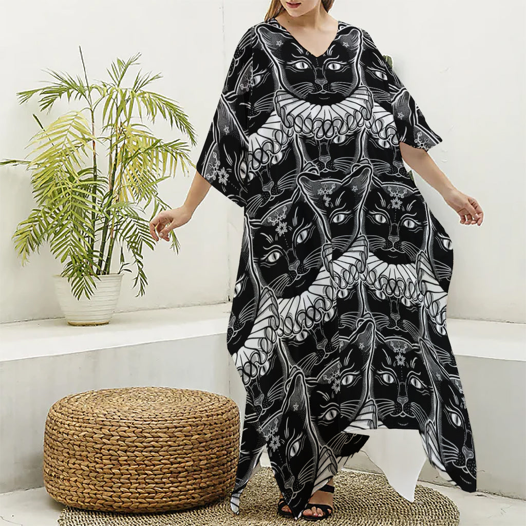 Black And White Gothic Wiccan Cat Print Silk V-Neck Kaftan Dress