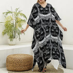 Black And White Gothic Wiccan Cat Print Silk V-Neck Kaftan Dress