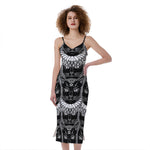 Black And White Gothic Wiccan Cat Print Slim Fit Midi Cami Dress