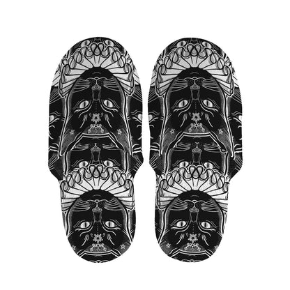 Black And White Gothic Wiccan Cat Print Slippers