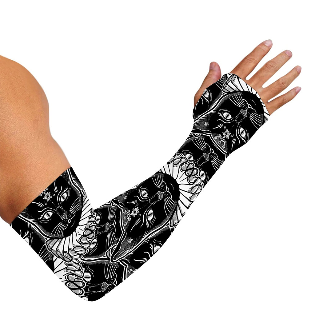 Black And White Gothic Wiccan Cat Print Sun Protection Arm Sleeves