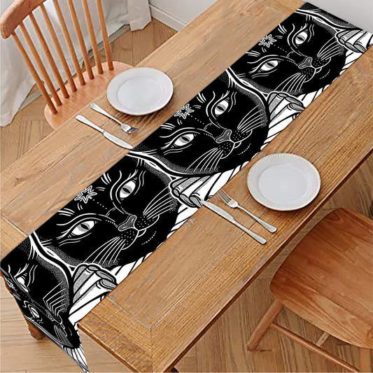 Black And White Gothic Wiccan Cat Print Table Runner
