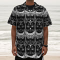 Black And White Gothic Wiccan Cat Print Textured Short Sleeve Shirt