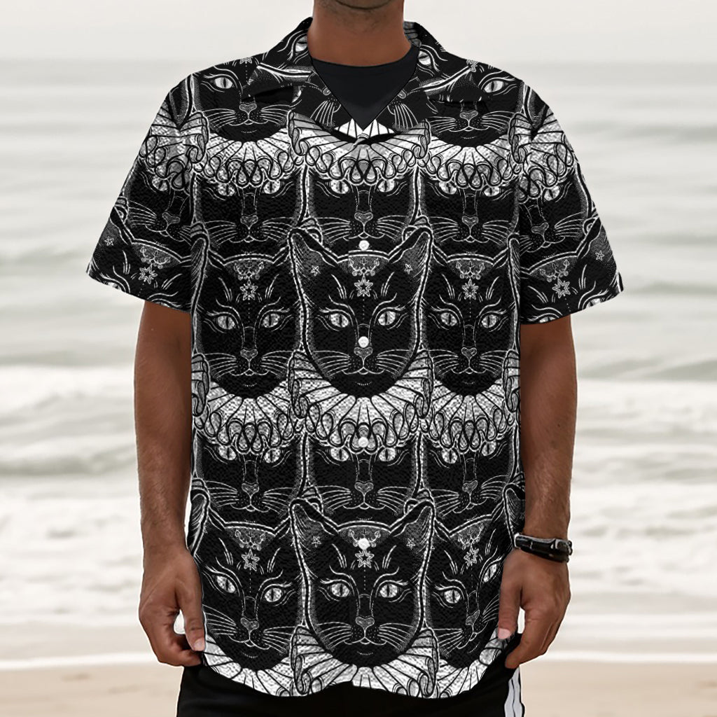Black And White Gothic Wiccan Cat Print Textured Short Sleeve Shirt