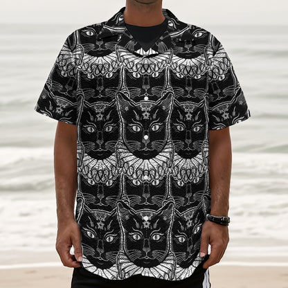 Black And White Gothic Wiccan Cat Print Textured Short Sleeve Shirt