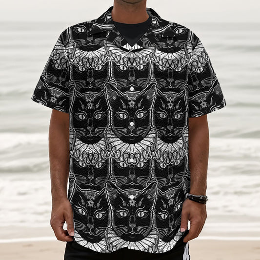Black And White Gothic Wiccan Cat Print Textured Short Sleeve Shirt