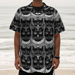 Black And White Gothic Wiccan Cat Print Textured Short Sleeve Shirt