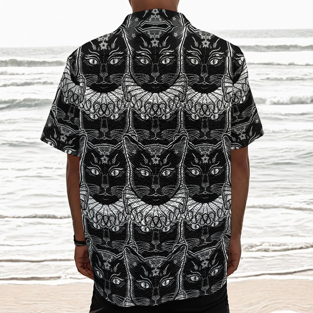 Black And White Gothic Wiccan Cat Print Textured Short Sleeve Shirt
