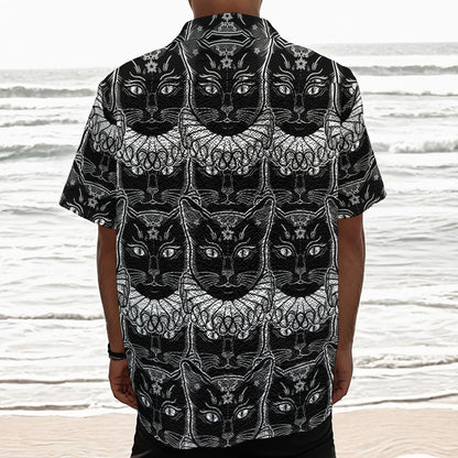 Black And White Gothic Wiccan Cat Print Textured Short Sleeve Shirt