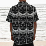 Black And White Gothic Wiccan Cat Print Textured Short Sleeve Shirt