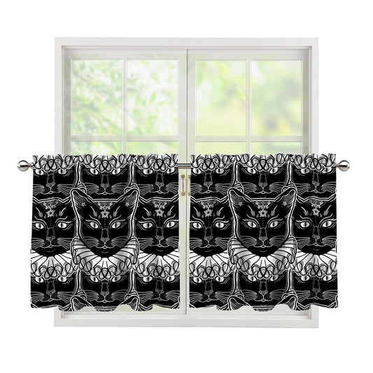Black And White Gothic Wiccan Cat Print Tier Curtains