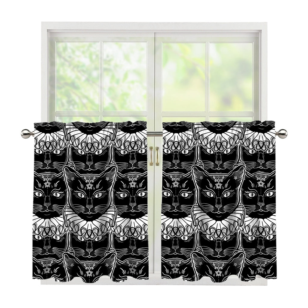 Black And White Gothic Wiccan Cat Print Tier Curtains