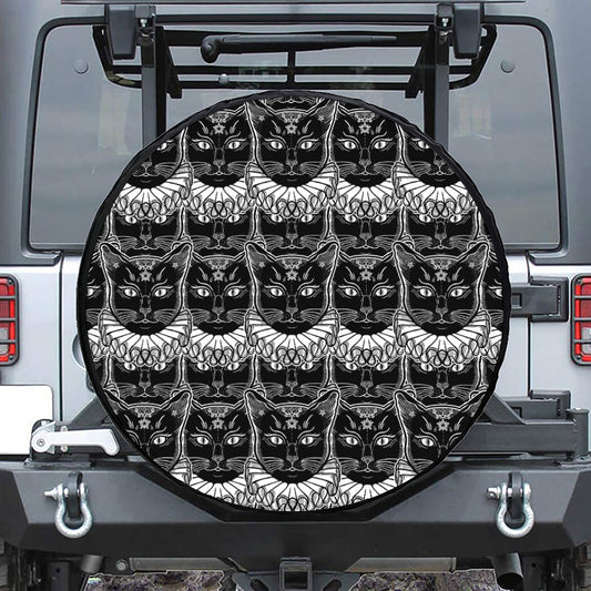 Black And White Gothic Wiccan Cat Print Tire Cover