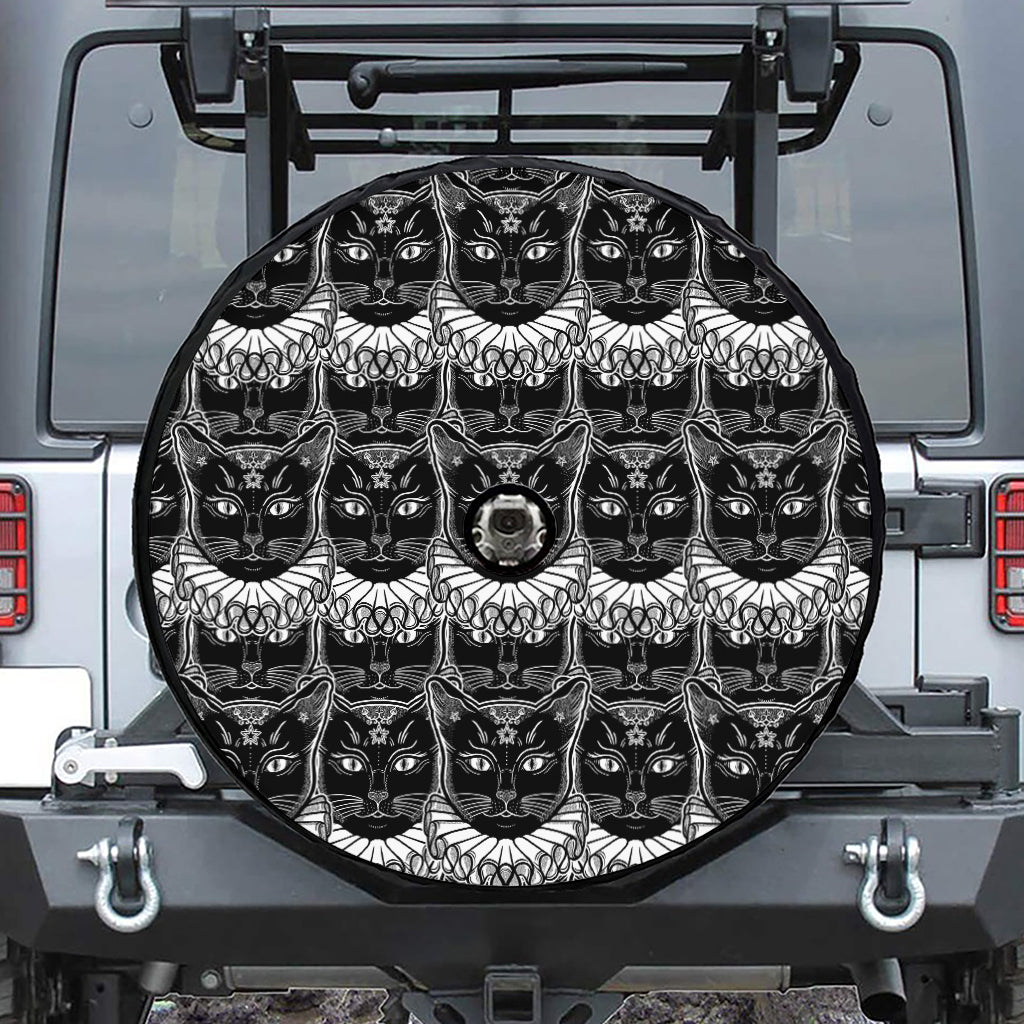 Black And White Gothic Wiccan Cat Print Tire Cover With Camera Hole