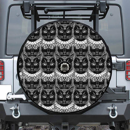 Black And White Gothic Wiccan Cat Print Tire Cover With Camera Hole