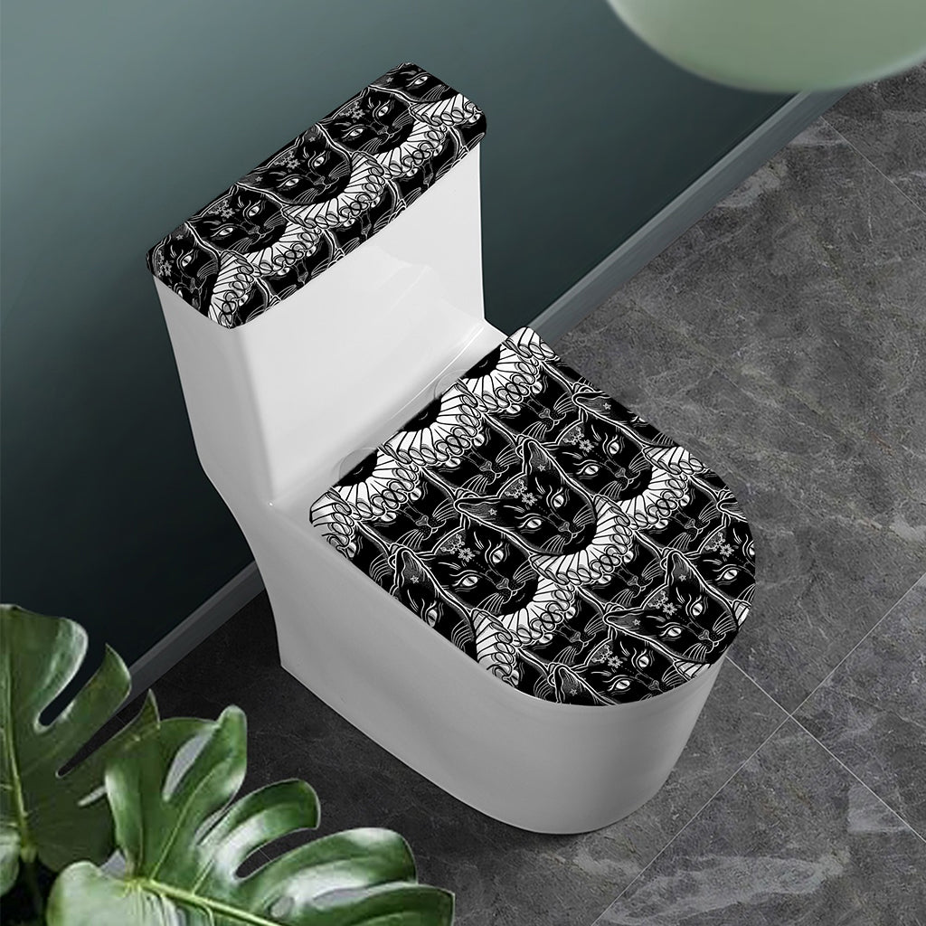 Black And White Gothic Wiccan Cat Print Toilet Lid And Tank Cover Set