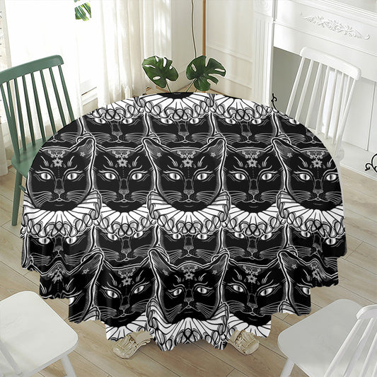 Black And White Gothic Wiccan Cat Print Waterproof Round Tablecloth