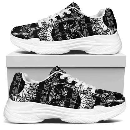 Black And White Gothic Wiccan Cat Print White Chunky Shoes