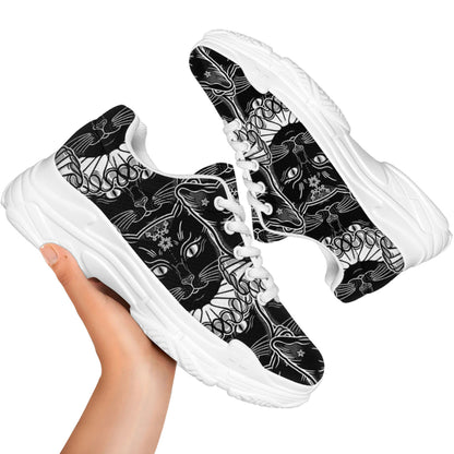 Black And White Gothic Wiccan Cat Print White Chunky Shoes