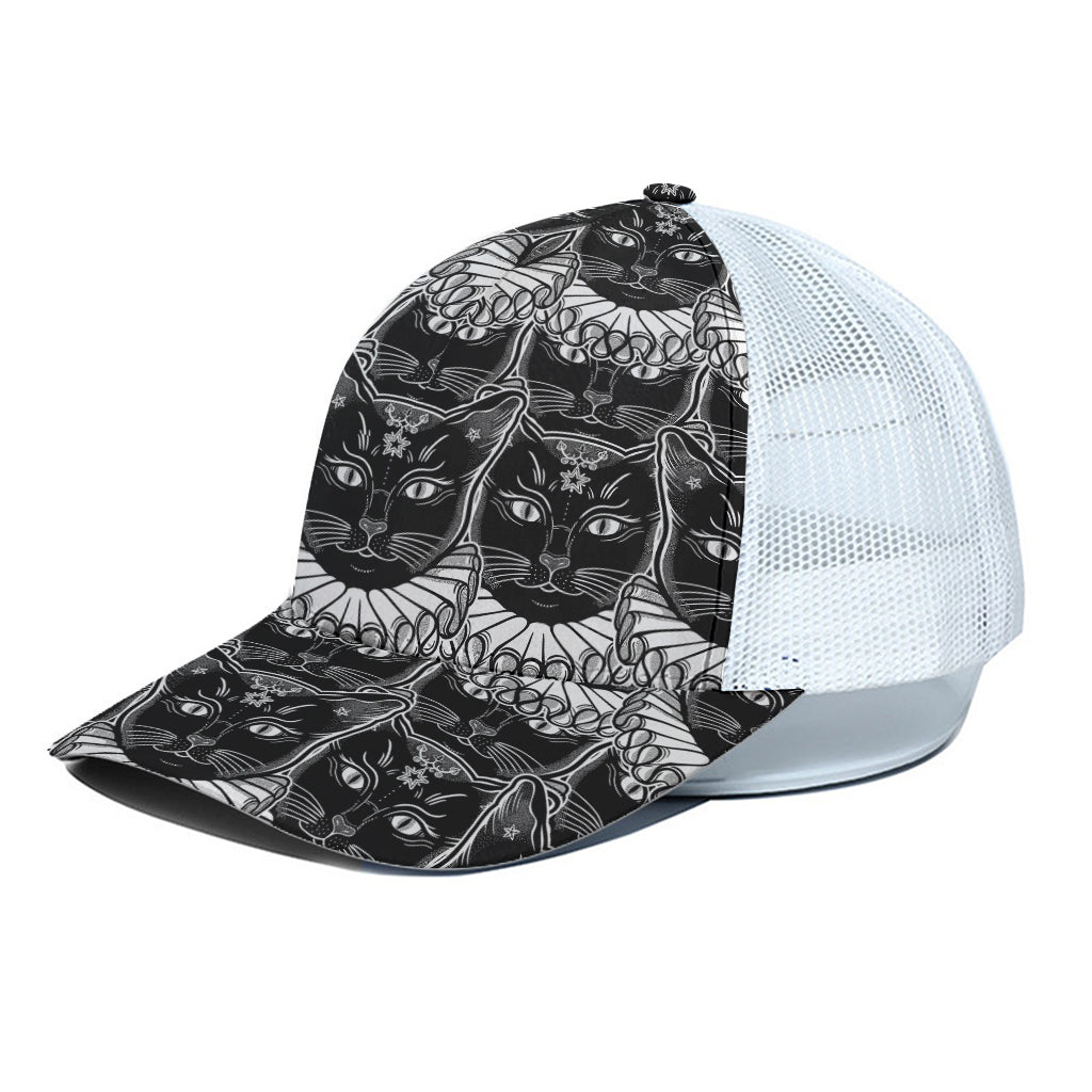 Black And White Gothic Wiccan Cat Print White Mesh Trucker Cap