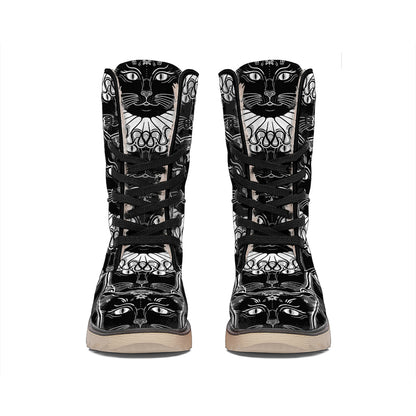 Black And White Gothic Wiccan Cat Print Winter Boots