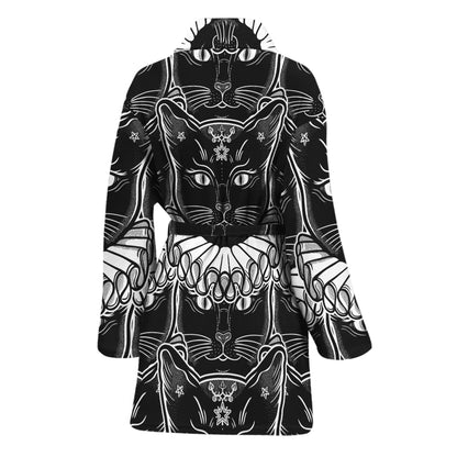 Black And White Gothic Wiccan Cat Print Women's Bathrobe