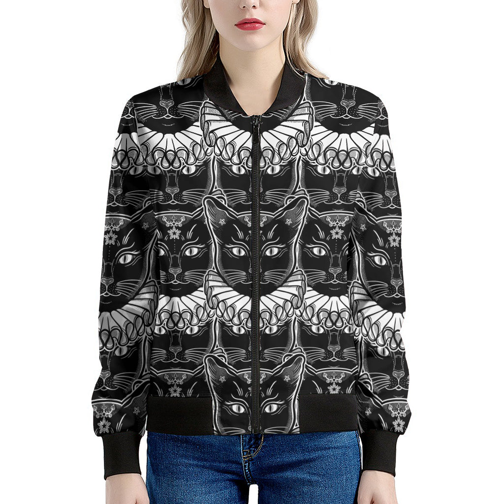 Black And White Gothic Wiccan Cat Print Women's Bomber Jacket