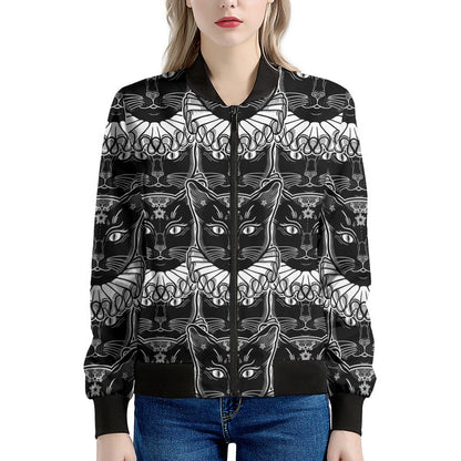 Black And White Gothic Wiccan Cat Print Women's Bomber Jacket