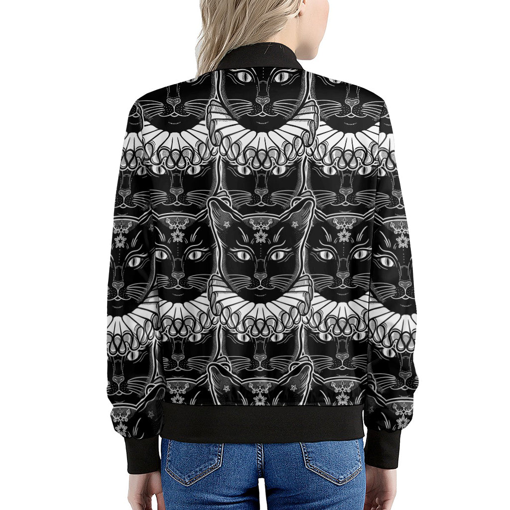 Black And White Gothic Wiccan Cat Print Women's Bomber Jacket