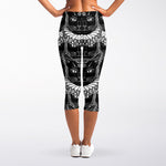 Black And White Gothic Wiccan Cat Print Women's Capri Leggings
