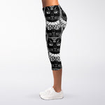 Black And White Gothic Wiccan Cat Print Women's Capri Leggings