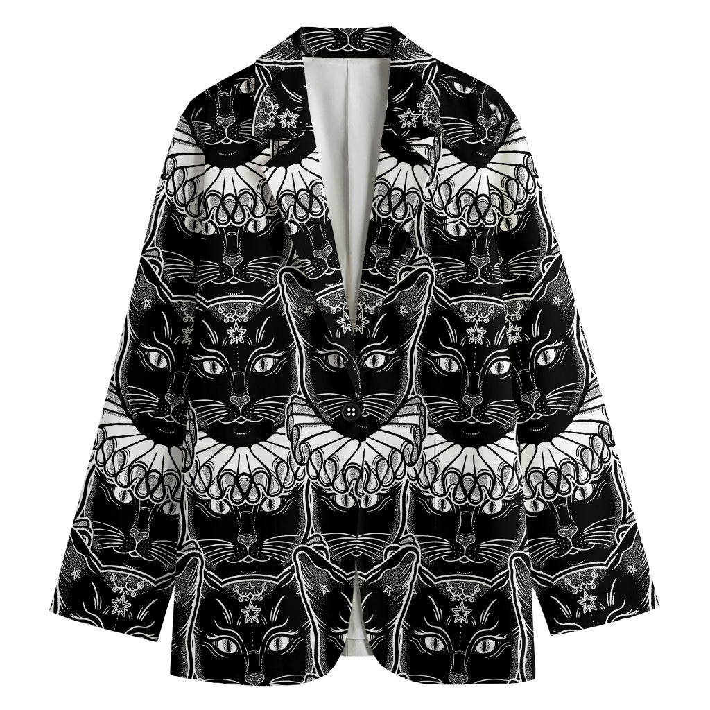 Black And White Gothic Wiccan Cat Print Women's Cotton Blazer
