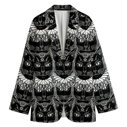 Black And White Gothic Wiccan Cat Print Women's Cotton Blazer